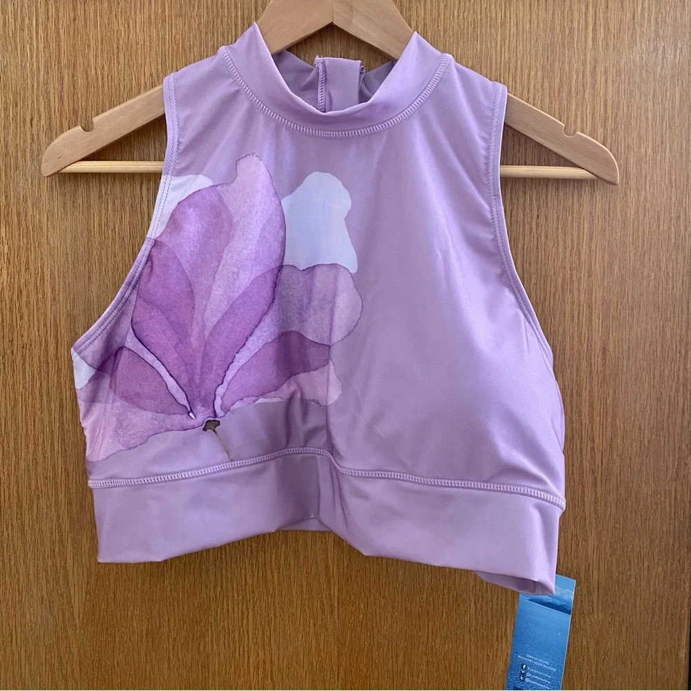 KYODAN • NEW! High Neck Zip Back Floral Swimsuit Top UPF 40 - Pastel Purple - Picture 3 of 16